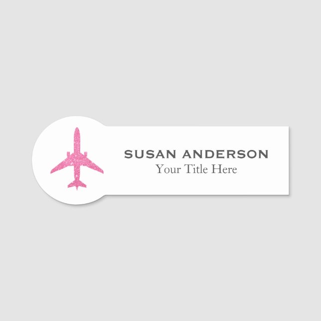 Aviation - Pink Glitter Aeroplane Name Tag (Front)