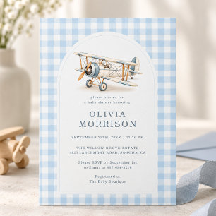 Aviator Aeroplane Gingham Boy Baby Shower Invitation