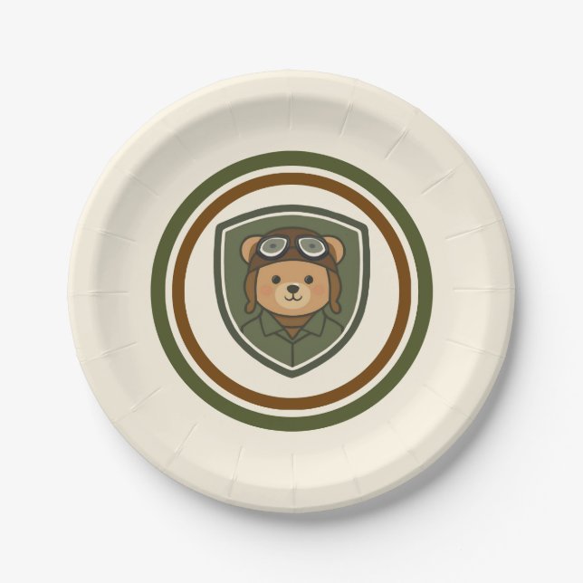 Aviator Bear Military Party Paper Plates (Front)