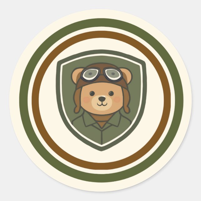 Aviator Bear Military Round Classic Sticker (Front)
