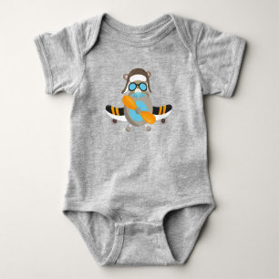 Aviator Bear, Pilot Bear, Aeroplane, Cute Bear Baby Bodysuit