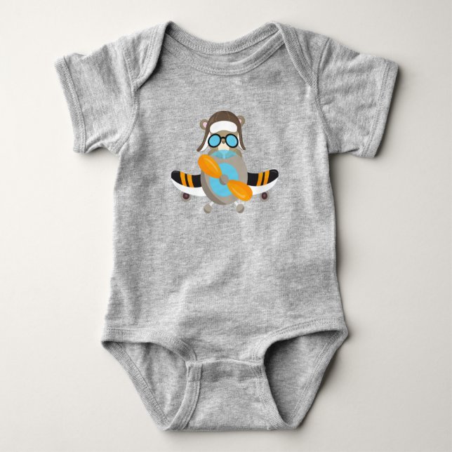 Aviator Bear, Pilot Bear, Aeroplane, Cute Bear Baby Bodysuit (Front)
