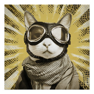 Aviator Cat Goggles Sunburst Portrait Poster