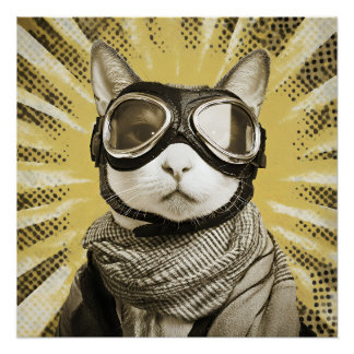 Aviator Cat Goggles Sunburst Portrait Poster