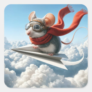 Aviator Mouse Piloting a Paper Aeroplane Square Sticker
