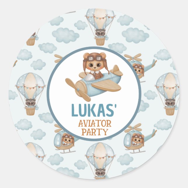 Aviator Party Baby Bear Pastel Blue Birthday  Clas Classic Round Sticker (Front)