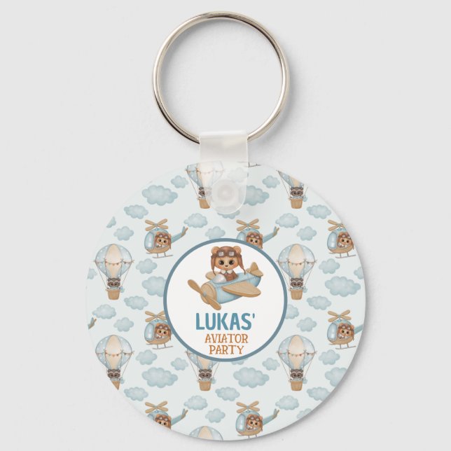 Aviator Party Baby Bear Pastel Blue Birthday Key Ring (Front)