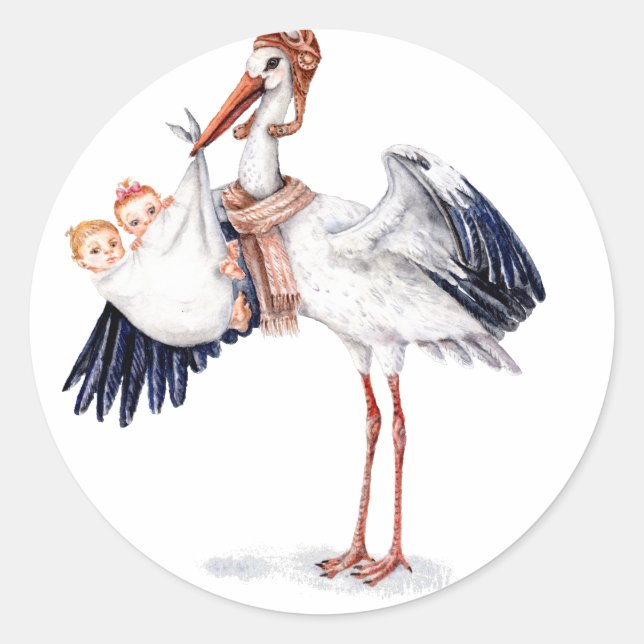 Aviator Stork Carrying Twins Classic Round Sticker (Front)