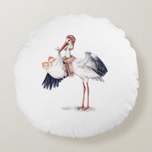 Aviator Stork Carrying Twins Round Cushion