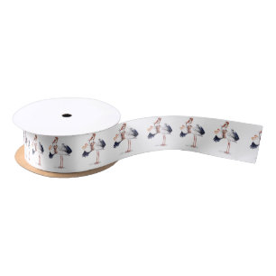 Aviator Stork Carrying Twins Satin Ribbon