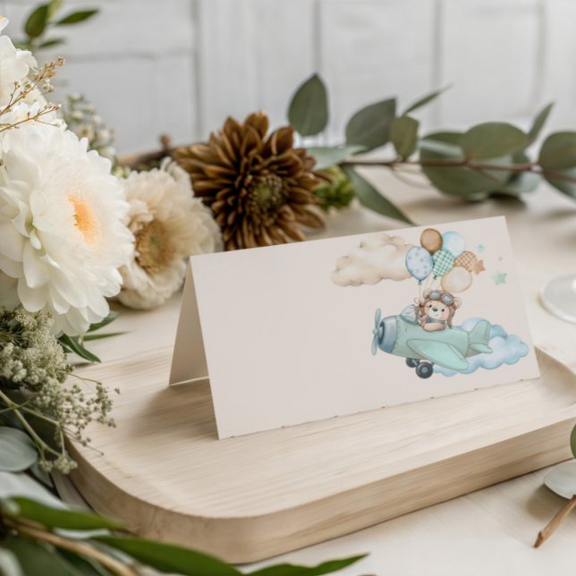 Aviator Teddy Bear Baby Shower Folded Place Cards (Aviator Teddy Bear Baby Shower Place Card. Blue Boy Airplane. We Can Bearly Wait.)
