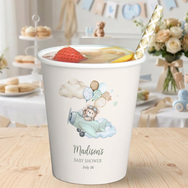 Aviator Teddy Bear Baby Shower Paper Cups (Aviator Teddy Bear Baby Shower Paper Cup. Blue Boy Airplane. We Can Bearly Wait.)