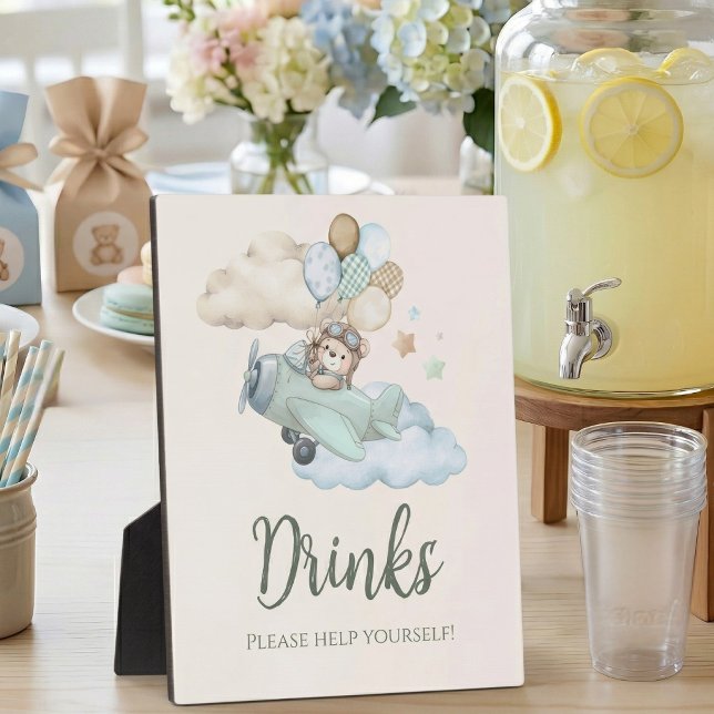 Aviator Teddy Bear Beverage Station Sign Plaque (Can Bearly Wait Baby Shower Drink Station Sign Plaque)