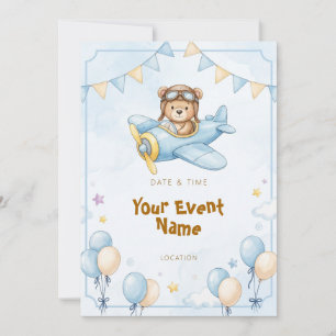 Aviator Teddy Bear Blue Aeroplane Invitation
