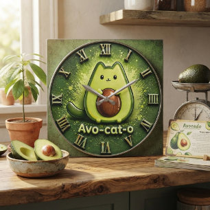 Avo-Cat-O Funny Avocado Cat Cute Kawaii Kitchen Large Clock