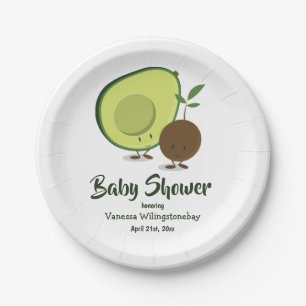 Avocado and Pit Cartoon Green White Baby Shower Paper Plate