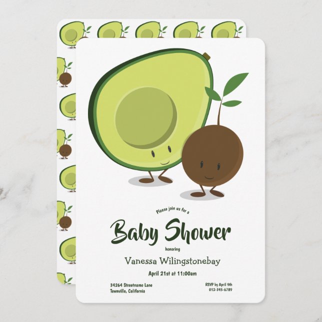 Avocado and Pit Cartoon White Green Baby Shower Invitation (Front/Back)