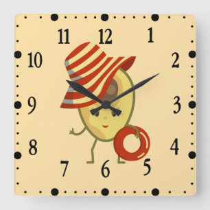 Avocado beach girl with sun hat and swim ring square wall clock
