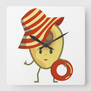 Avocado beach girl with sun hat and swim ring square wall clock