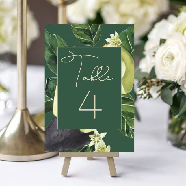 Avocado Blossoms | Dark Green Rustic Fruit Party Table Number (Creator Uploaded)