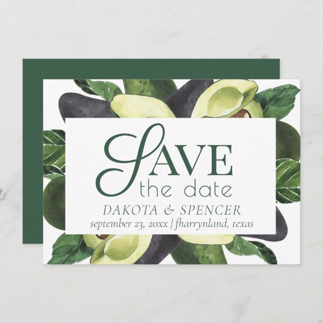 Avocado Blossoms | Dark Green Rustic Fruit Wedding Save The Date (Front/Back)