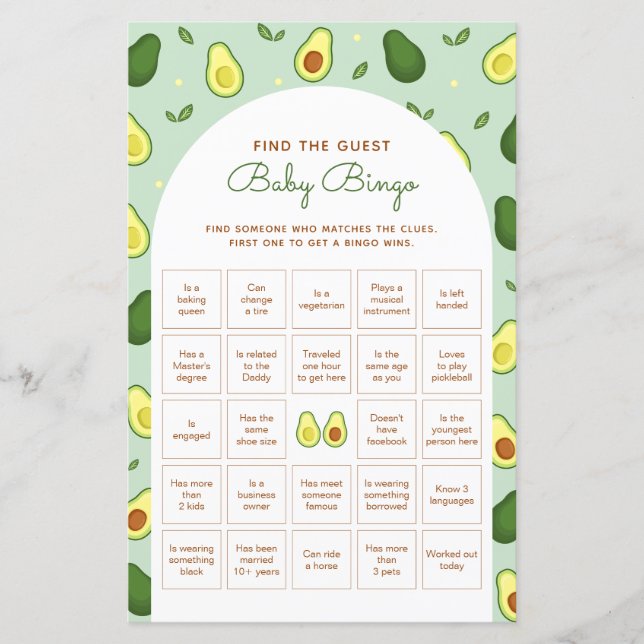 Avocado Find The Guest Bingo Baby Shower Game (Front)