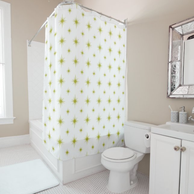 Avocado Green Atomic Starburst Pattern Mid-century Shower Curtain (In Situ)
