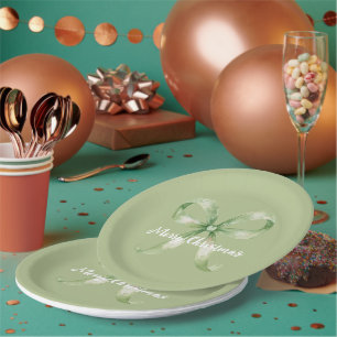 Avocado Green Bow Christmas Paper Plate