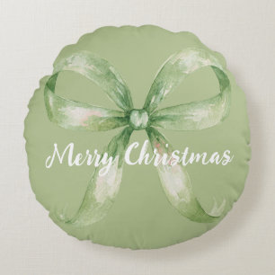 Avocado Green Bow Christmas Round Cushion