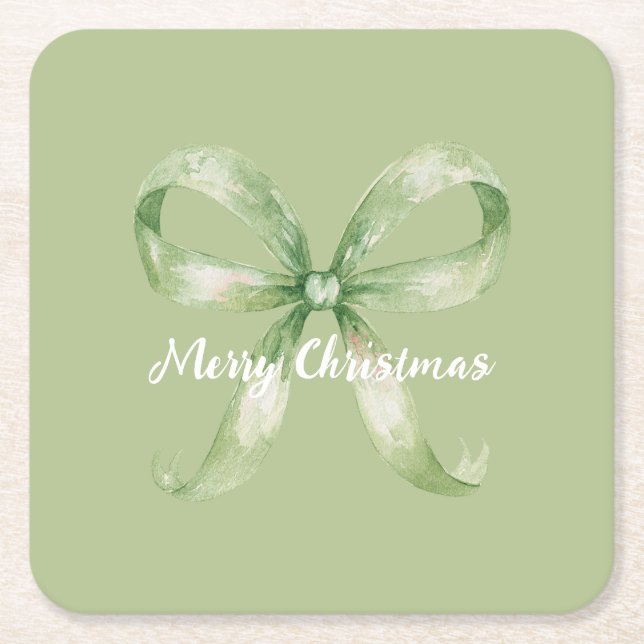 Avocado Green Bow Christmas Square Paper Coaster (Front)