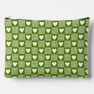 Avocado Green Gingham Heart Patch Plaid Accessory Pouch