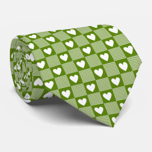 Avocado Green Gingham Heart Patch Plaid Neck Tie