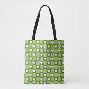 Avocado Green Gingham Heart Plaid Tote Bag