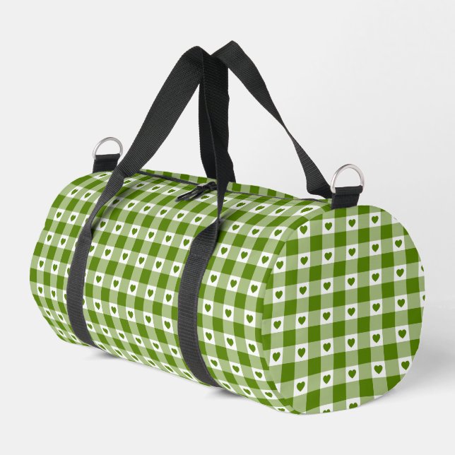 Avocado Green Heart Plaid Gingham Retro Color Duffle Bag (Left Corner)