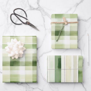 Avocado Green Plaid Stripes Birthday Wrapping Paper Sheet