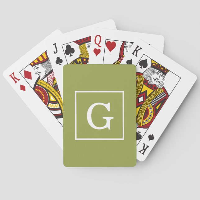 Avocado Green White Framed Initial Monogram Playing Cards (Back)