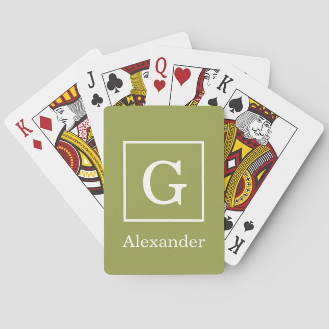 Avocado Green White Framed Initial Monogram Playing Cards (Back)