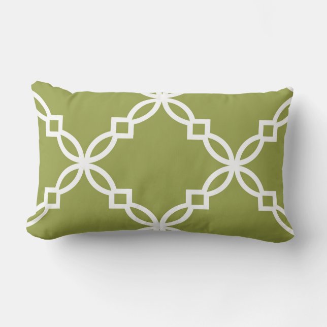 Avocado Green White Large Fancy Quatrefoil Pattern Lumbar Cushion (Front)