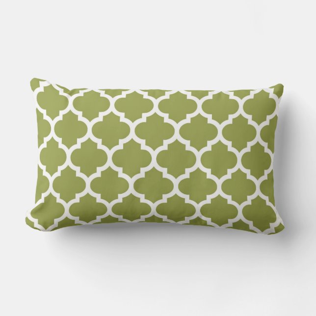 Avocado Green White Moroccan Quatrefoil Pattern #5 Lumbar Cushion (Front)