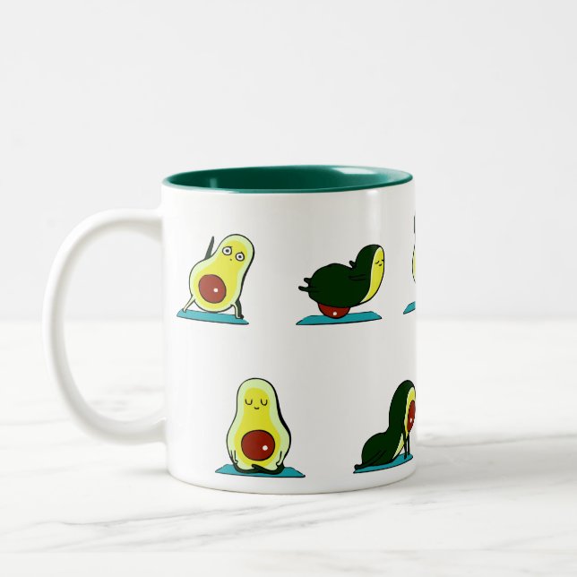 Avocado Yoga. Comical, funny, cute Two-Tone Coffee Mug (Left)