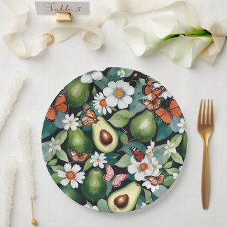 Avocados and Butterflies Green Floral Paper Plate