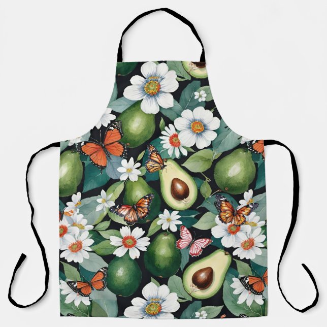 Avocados Floral with Butterflies Black Apron (Front)