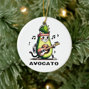 Avocato Bassist - Punk Cat Avocado Pixel Art Ceramic Tree Decoration