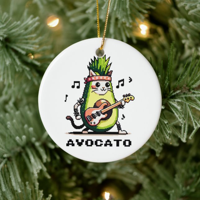 Avocato Bassist - Punk Cat Avocado Pixel Art Ceramic Tree Decoration (Tree)