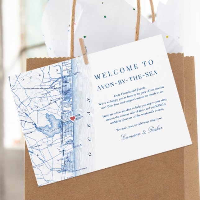 Avon-by-the-sea NJ Navy Wedding Welcome Itinerary Thank You Card (Avon-by-the-sea NJ Map Wedding Welcome Letter and Weekend Events Itinerary in Elegant Navy Blue)