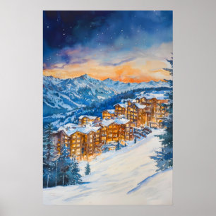 Avoriaz Watercolor Vintage Travel Poster Ski