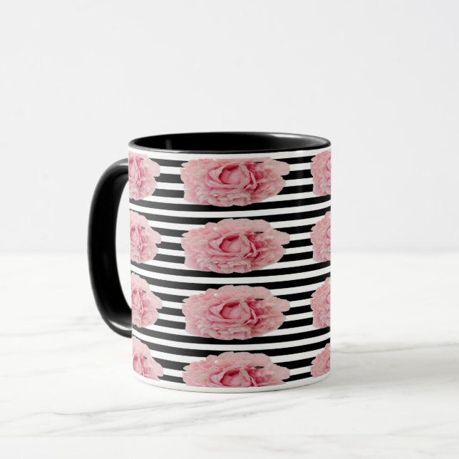 Avryl Fleur Pink Peony Black White Stripes Mug (Front Left)