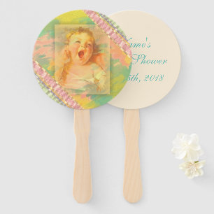 Awaiting baby's first breath vintage baby shower hand fan