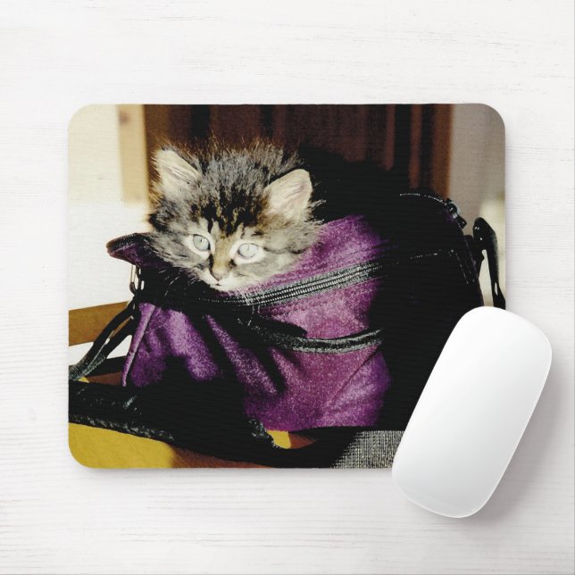Awake Kitten In A Burgundy Purse Mouse Pad (With Mouse)