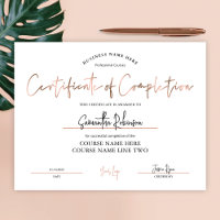Award Certificate of Completion Bronze Rose Gold